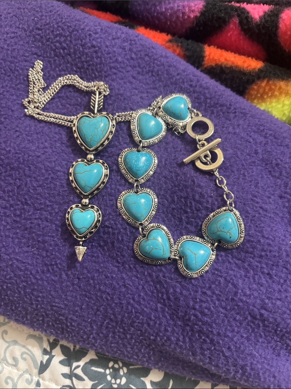 Turquoise Heart Pendant Necklace and Bracelet Set - Silver Accent